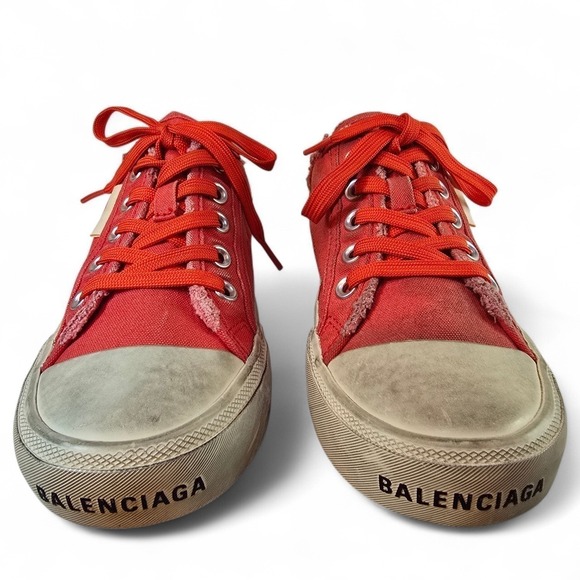 BALENCIAGA Womens Red Paris Canvas Mule Sneakers Sz 37 Distressed Streetwear Y2K